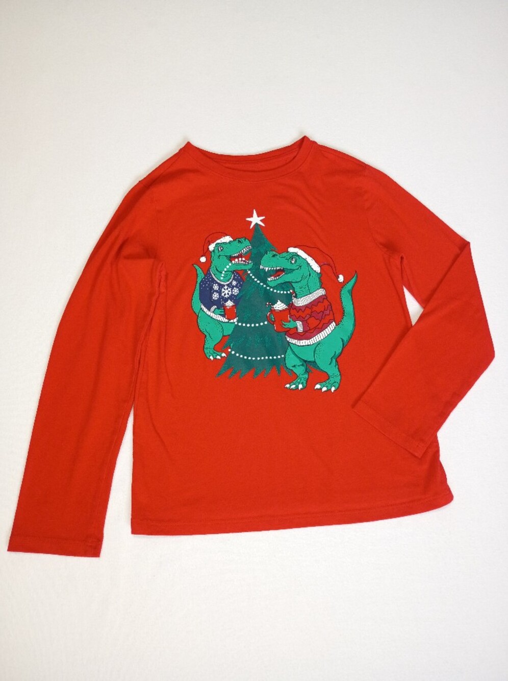 Cat & Jack Size 8 Red Long-Sleeve Holiday Dino Tee With Christmas Tree Hot Cocoa